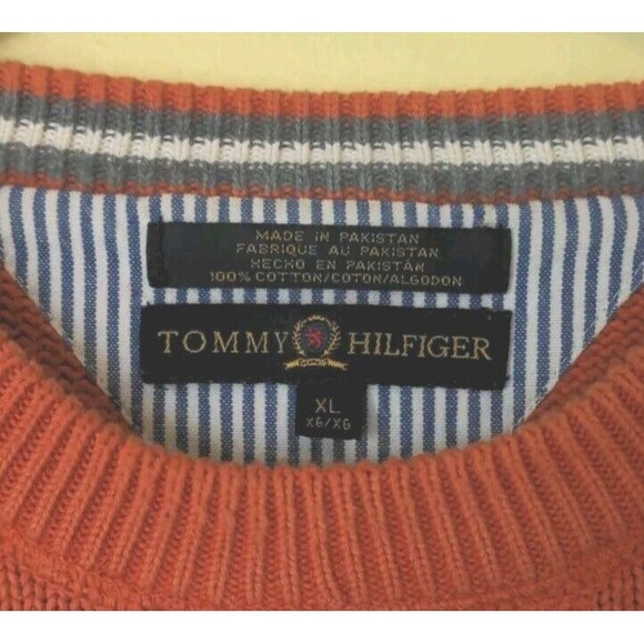 VTG Mens XL Tommy Hilfiger Orange Sweater Embroidered Crest Pullover 90's Preppy - Picture 5 of 7